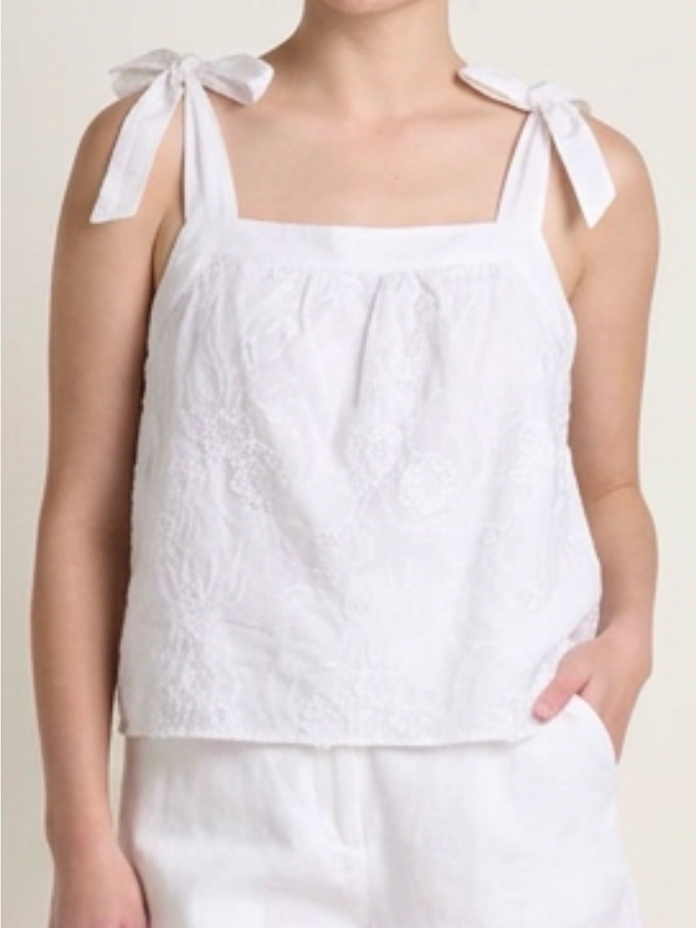 LOFT White Embroidered Tie-Shoulder Tank xl new